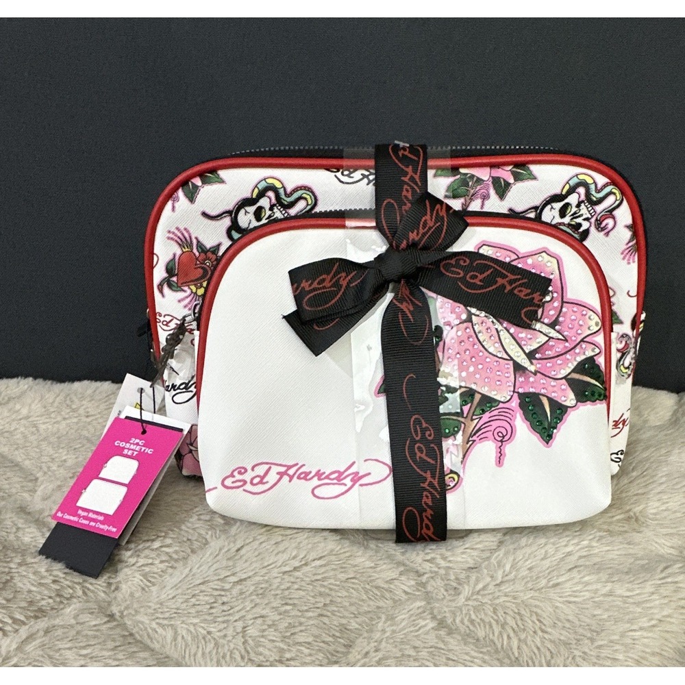 Ed Hardy 2-Piece Rose Print Zipper Makeup Bags Vegan Cruelty-Free